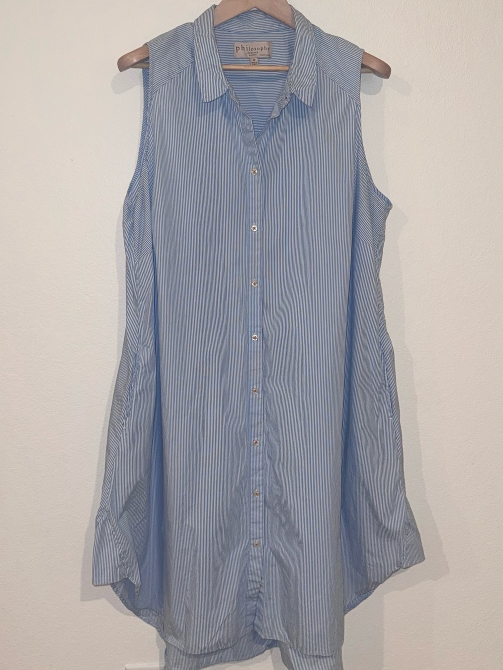 Philosophy Light Blue & White Striped Sleeveless Midi Shirt Dress For Brunch
